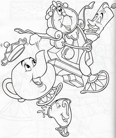 Mrs. Potts, Cogsworth, & Lumiere Disney Coloring Pages Printables, Disney Sleeve, Mrs Potts, Disney Drawings Sketches, Cartoon Character Tattoos, Theme Tattoo, Disney Colors, Cartoon Sketches, Cartoon Coloring Pages