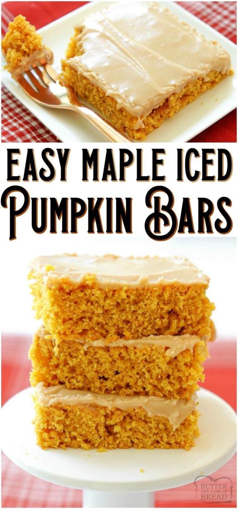 Pumpkin Bars With Maple Frosting, Maple Pumpkin Desserts, Pumpkin Potpourri, Incredible Desserts, Pumpkin Baking, Maple Icing, Frozen Pumpkin, Fall Desserts Easy, Pumpkin Bars