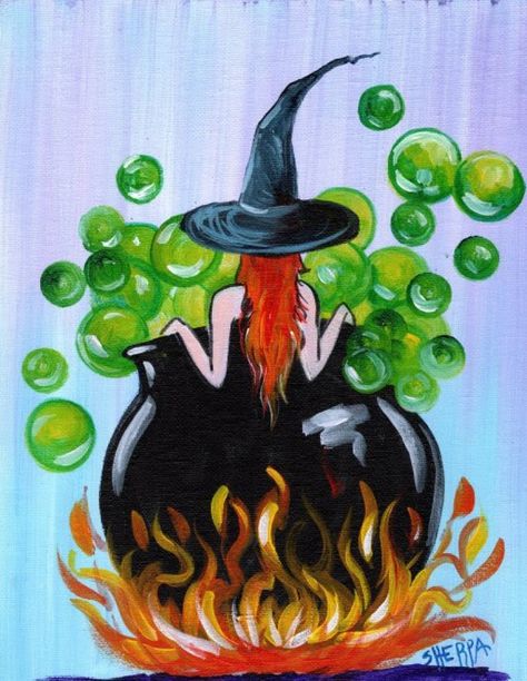 Witchy Cauldron Bath 13 Days Of Halloween Live Stream Painting Step By Step Day 11 | Theartsherpa - The Art Sherpa Community | The Art Sherpa Easy Witch Painting Canvas, Witch Mural Painting, Halloween Art Acrylic, Witch Painting Ideas On Canvas, Cauldron Painting Ideas, Halloween Diy Canvas Painting, Halloween Painting Inspiration, Small Halloween Canvas Paintings, Witchcraft Painting Ideas