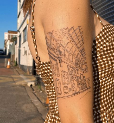 Fine Art Tattoo Minimalist, Small Garden Tattoo, Art Piece Tattoo, Art Gallery Tattoo, Greenhouse Tattoo, Patchwork Leg Sleeve Tattoo, Dodie Tattoo, Building Tattoo, Personal Tattoos