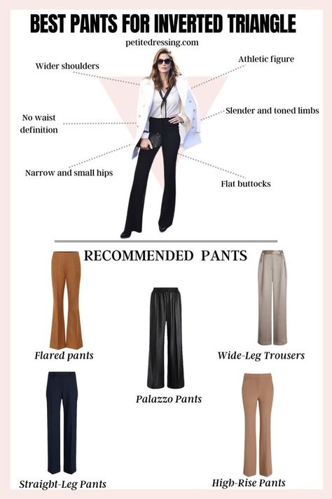 Jeans Style Guide for Petite Inverted Triangle Shape Flare Jeans Outfit Petite, Pants For Inverted Triangle Shape, Outfits For Upside Down Triangle Shape, Inverted Triangle Bottoms, Tips For Inverted Triangle Shape, Petite Inverted Triangle, Blazer For Inverted Triangle Body Shape, Trousers For Inverted Triangle Shape, Jeans Style Guide