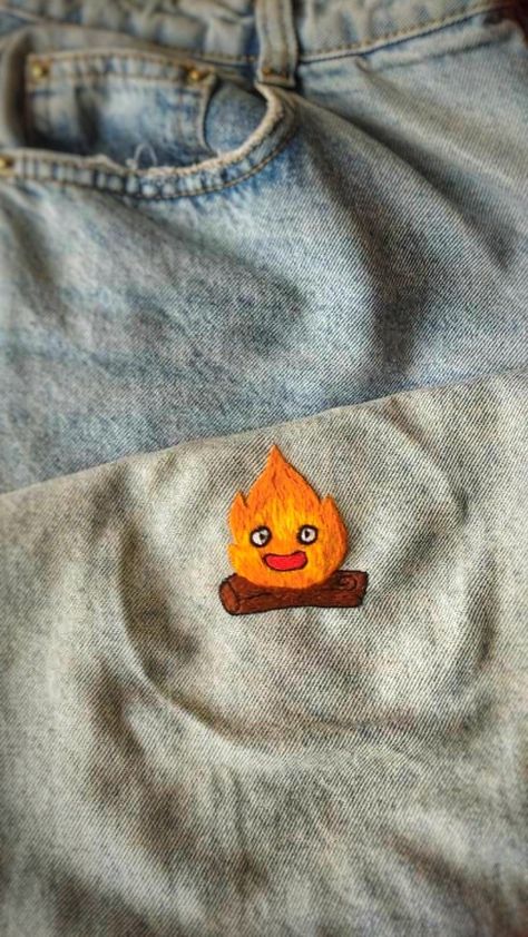 Calcifer embroidery Calcifer Embroidery, Silver Party Dress, Embroidery Stitches Beginner, Embroidery Stitches, Cross Stitch, Embroidery, Sewing