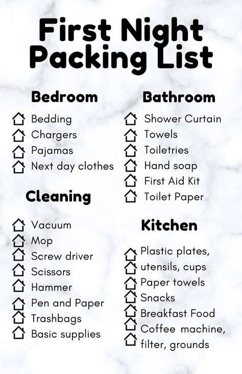 checklist for first night after moving Moving Bathroom Items, Packing Quickly Moving Tips, Packing Tips Moving Out Of State, Things You Need To Move Out, Move In New House, First Day Move In Essentials, First Day Box For Moving, Moving Out Ideas, Last Minute Moving Checklist