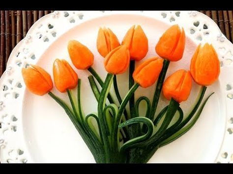 Beautiful Carrot Tulips Flowers Design - Vegetable Carving Garnish - Sushi Garnish - Food Decoration - YouTube Flower Garnish, Radish Cucumber, Cucumber Flower, Deco Fruit, Veggie Art, Carrot Flowers, Decorações Com Comidas, Watermelon Carving, Food Sculpture