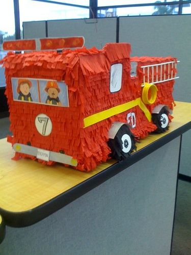 Fire Truck Pinata by Sweet n' Plenty on Facebook Fire Truck Pinata, Truck Pinata, Paper Pom Pom Flowers, Pom Flowers, Firetruck Birthday Party, Firefighter Party, Fire Truck Party, Firefighter Decor, Paper Pom Pom