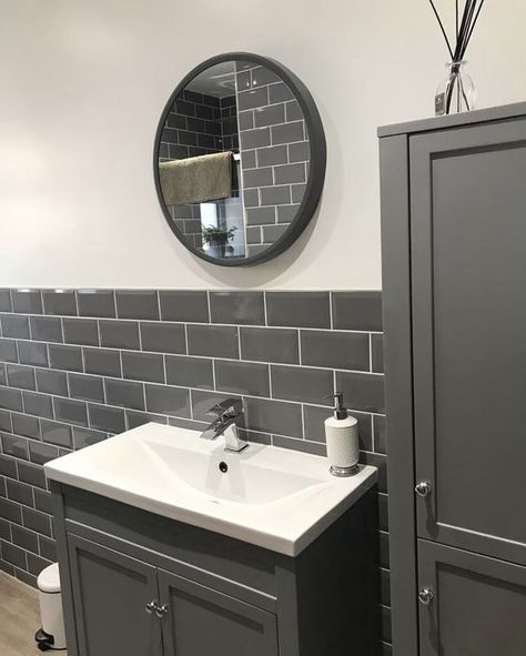 Grey Metro Tiles Bathroom, Dark Grey Tile Bathroom, Metro Tiles Bathroom, Small Dark Bathroom, Dark Gray Bathroom, Small Bathroom Diy, Grey Bathroom Tiles, Small Toilet Room, Dark Bathrooms