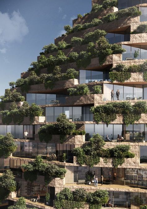 Albania’s capital city will soon get a new mountain in the form of Mount Tirana, a skyscraper finished in stone and dotted with living plants. Green Building Concept, Green Tower, Mountain Architecture, Danish Architecture, Green Facade, Tirana Albania, Green Houses, Architectural Pieces, Green Architecture