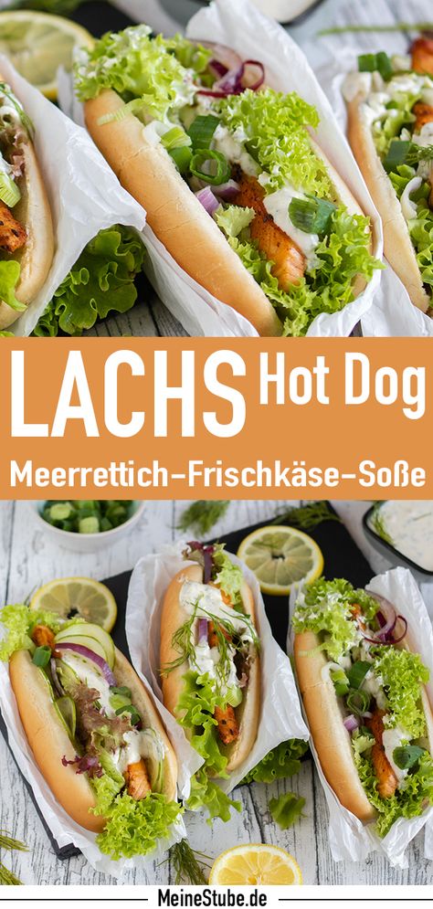 Der etwas andere Hot Dog. Mit Lachsfilet und leckerer Meerrettichsoße. Tolles Mittagessen oder Abendessen. Auch als Fingerfood für besondere Anlässe und deinem Besuch. #hotdog #lachsfilet #fisch #belegtebrötchen #abendsnack #frühling #sommer #rezept #meinestube Silvester Food, American Foods, Greek Cooking, Hot Dog Recipes, Cooking White Rice, Vegetarian Pasta, Cooked Veggies, Avocado Recipes, Dog Recipes