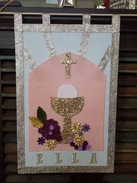 Communion Banner Ideas Catholic, First Communion Banners Catholic, 1st Communion Banner Ideas, First Communion Banner Ideas, Communion Banner Ideas, Communion Banners, Kids Summer Schedule, First Communion Hairstyles, First Communion Banner