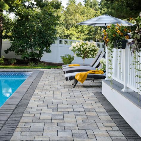 Grey Pavers Patio, Belgard Pavers Patio Design Inspiration, Grey Pavers, Belgard Pavers, Paver Deck, Paver Patios, Pool Pavers, Patio Pavers Design, Backyard Plants