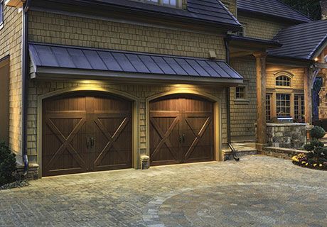 Clopay Product Images Custom Wood Garage Doors, House Columns, Carriage House Garage Doors, Garage Door House, Carriage House Garage, Garage Door Types, Garage Door Styles, Residential Garage Doors, Wood Garage Doors