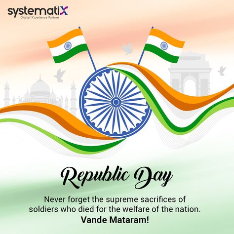 We wish you a Happy Republic Day from team Systematix!  Let us remember the rich heritage of our Nation and take pride in being Indian. Let’s celebrate Republic Day and pay our tributes to all the freedom fighters who fought to have it and all the law enforcement officers who struggle to keep it.  #republicday #happyrepublicday #teamsystematix #proudindian #jaihind Republic Day Wishes, Happy Teachers Day Card, Dairy Milk Silk, Dj Event, Teachers Day Card, 15th August, Photoshop Ideas, Happy Republic Day, Happy Children's Day