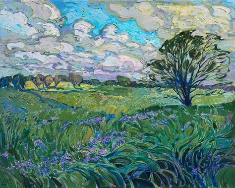 Fields of Light - Purchase Contemporary Impressionism Prints by Erin Hanson Country Landscape Paintings, Ideas Painting Canvas, Erin Hansen, Impressionistic Paintings, Bright Landscape, Texas Landscape, Blue Wildflowers, Moving Clouds, American Impressionism