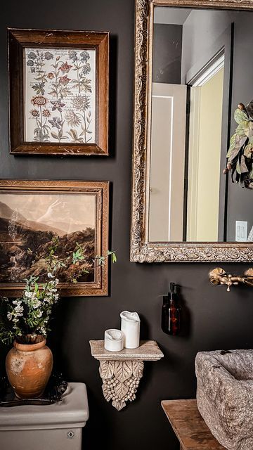 Lanna | The Roosting Place on Instagram: "10/10 would recommend making a powder bathroom you never want to leave. Not even kidding when I tell you this is my most-frequently visited bathroom in our house, but can you blame me?? Paint: SW Urbane Bronze Faucet: @insideastdesigns We’re heading to Round Top, TX where I originally sourced my stone sink for only $200 and I cannot wait to see what new treasures I find to add to these walls this weekend. When I originally bought the stone trough I b Moody Minimalist Bathroom, Half Bathroom Ideas Vintage, Paintings In Bathroom, Moody English Cottage Bathroom, French Style Powder Room, Moody Antique Bathroom, Bathroom Color Boards, Vintage Dark Bathroom, Urbane Bronze Bathroom Vanity