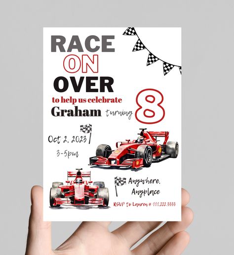 Race on over to celebrate, race car theme birthday invitation, any age, racing, race car driver, nascar, editable, printable, digital 4th Birthday Race Car Theme, Race Car 4th Birthday Party Ideas, Need For Speed Birthday Party Ideas, Need For Speed Birthday, Need Four Speed Party, Boy 4th Birthday Party Themes, Car Theme Birthday Invitation, Need Four Speed Birthday Theme, Need 4 Speed Birthday Party