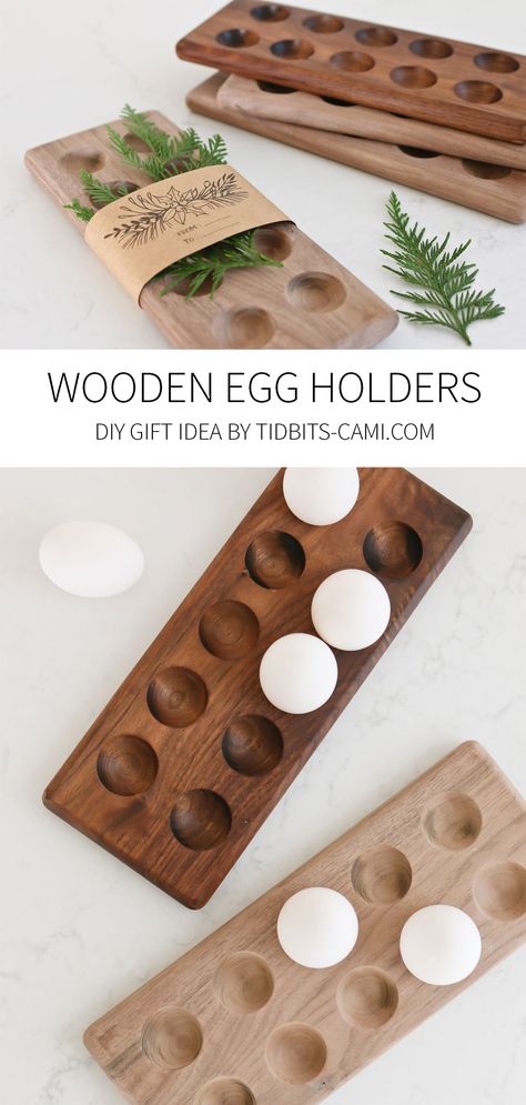 DIY Wooden Egg Holders - a beautiful gift idea! Tutorial and available to purchase! #egg #farmhouse #fresheggs #eggholder #ryobi #camitidbits #holidaygifts Egg Holder Diy, Gift Tutorial, Wooden Crafts Diy, Egg Holders, Wood Eggs, Small Woodworking Projects, Diy Wooden Projects, Scrap Wood Projects, Diy Holz