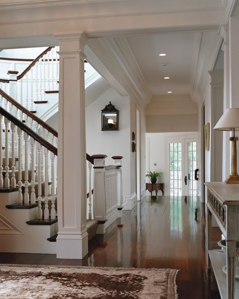 Entryway and staircase of our Shingle Style Country House  | Morehouse MacDonald and Associates Stairs Design Interior, Interior Columns, Open Staircase, Column Design, Foyer Decorating, Interior Stairs, House Stairs, Entry Way, Staircase Design