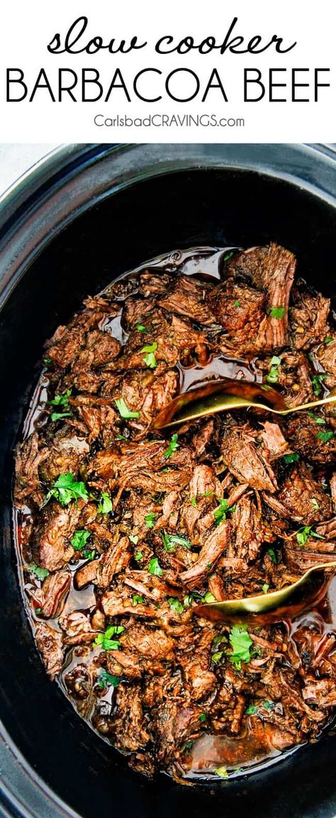 Crockpot Barbacoa Beef - Carlsbad Cravings Barbacoa Slow Cooker, Chipotle Beef Barbacoa, Beef Barbacoa Slow Cooker, Chipotle Beef, Beef Barbacoa, Slow Cooker Barbacoa, Barbacoa Recipe, Beef Brisket Recipes, Crockpot Lasagna