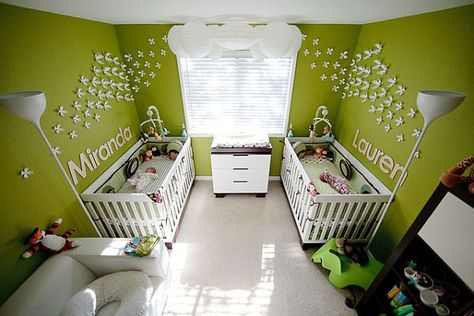 Wall color Twin Babies Nursery, Green Wall Paint Colors, Twin Baby Rooms, Green Painted Walls, Twins Nursery, Twin Nursery, Twin Baby Girls, Nursery Pictures, Baby Twins