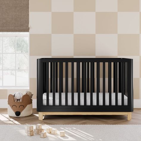 Introducing the Storkcraft Santos 3-in-1 Convertible Crib – an incredibly beautiful two-tone convertible crib with elegantly rounded posts. A signature Storkcraft design, the Santos has rounded posts for a soft silhouette, and a natural wood base for stylish two-tone flair. Complete your Storkcraft Santos Collection with the matching Storkcraft Santos 6 Drawer Double Dresser for the perfect pair. The Santos is designed to fit any standard full-size crib mattress (sold separately – we recommend a Black Nursery Furniture, Black Crib, Wood Crib, Black Nursery, Baby Crib Mattress, Modern Crib, Baby Room Neutral, Cozy Nursery, Toddler Mattress