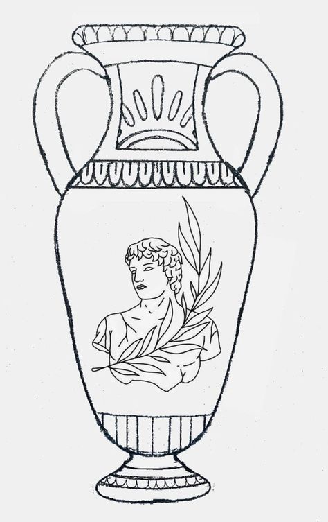 Roman Vase Drawing, Greek Things To Draw, Ancient Greek Art Drawing, Roman Vase Tattoo, Greek Pottery Tattoo, Greek Vase Drawing, Roman Art Drawing, Ancient Greek Drawing, Amphora Tattoo