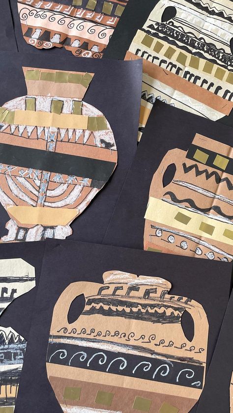 mrsbrown.art on Instagram: First grade Greek Patterned vases gave the students a chance to explore lines, a variety of materials, symmetry, and collage! #ArtTeacher… Greek Art Projects, Ks3 Art, Mrs Brown, Greek Pattern, 3rd Grade Art, 2nd Grade Ela, Elementary Art Projects, Brown Art, Arts Ed