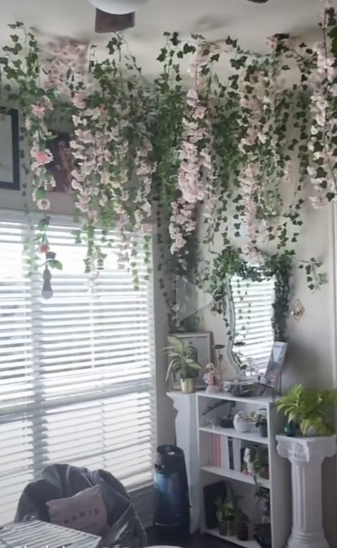 Vines And Wisteria Bedroom, Flower Vines Bedroom, Flowery Aesthetics Room, Flower Ceiling Bedroom, Fake Vine Canopy Over Bed, Window Decor Ideas, Wisteria Tree Room Decor, Floral Room Aesthetic, Hanging Wisteria Bedroom