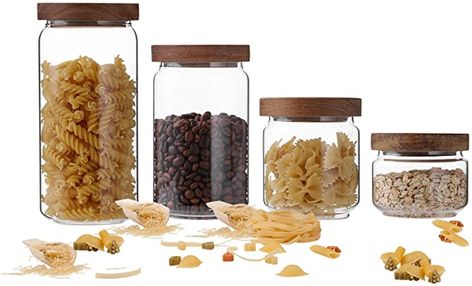 Amazon.com: Emica Home Borosilicate Glass Kitchen Container/Canisters with Acacia Wood Air-tight Lid Set-4 Pack, Glass Food Storage Jars for Kitchen, Pantry Organization, Ideal for Coffee, Nuts, Cookie, Pasta: Kitchen & Dining Kitchen Countertop Storage, Kitchen Container, Kitchen Storage Canisters, Square Jars, Food Canisters, Glass Storage Containers, Glass Spice Jars, Countertop Storage, Kitchen Containers