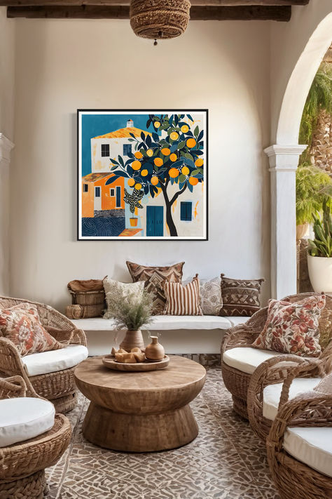 An abstract print inspired by the Mediterranean, featuring vibrant colours and an orange tree. The artwork depicts shades of blue, yellow, and orange, reminiscent of the sea, sky, and citrus orange fruits. Mediterranean Artwork, Tree Abstract Art, Colourful Architecture, Greek Buildings, Buildings Artwork, Artwork On Wall, Tree Abstract, Mediterranean Art, Painting Kitchen