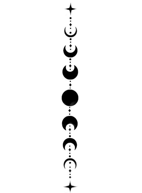 How To Draw Moon And Stars, Moon Fases Art, Vertical Moon Tattoo, Vertical Moon Phases Tattoo, Phases Of The Moon Tattoo Spine, Moon Phase Back Tattoo, Luna Tattoo Design, Lunar Phases Tattoo, Lunar Cycle Tattoo