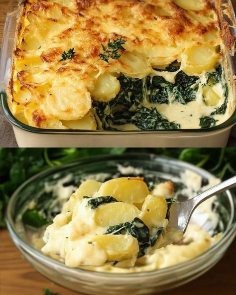 Cheesy Spinach and Potato Breakfast Bake Potatoes With Spinach And Eggs, Cheesy Spinach Potato Egg Casserole, Potato And Spinach Recipes, Potato Spinach Casserole, Spinach Souffle Recipe, Potato Breakfast Bake, Spinach And Potatoes, Potato Egg Casserole, Spinach And Potato Recipes