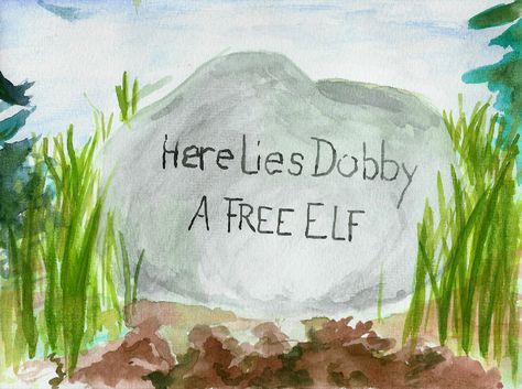 Here Lies Dobby - A FREE ELF by NanethielHinkypunk Harry Potter Cartoon, Here Lies, Dobby Harry Potter, Welcome To Hogwarts, Harry Potter Pin, Harry Potter Jokes, Hogwarts Express, Mischief Managed, Spoiler Alert