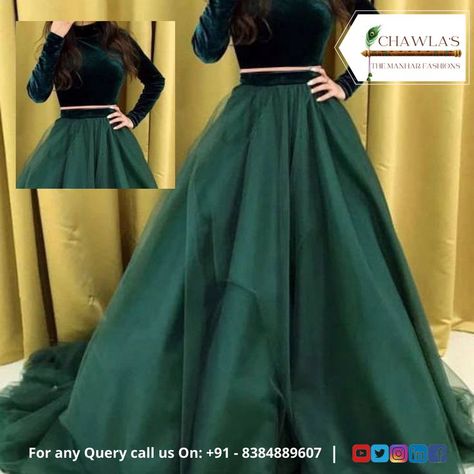 Green Designer Net Lehenga With Velvet Crop Top Net Skirt Crop Top, Long Skirt Top Designs, Long Skirt And Top, Crop Top Lehenga, Net Skirt, Saree Fashion, Crop Top Designs, Net Lehenga, Velvet Crop Top