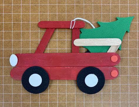 Red Truck Popsicle Stick Ornament, Popsicle Stick Ornaments, Truck Crafts, Storytime Ideas, Truck Ornament, Christmas Gifts For Parents, Preschool Christmas, Christmas Truck, Popsicle Sticks