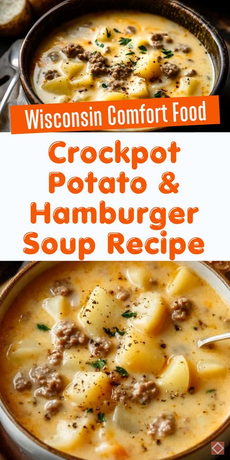 Cozy up with a bowl of creamy potato and hamburger soup! This crockpot recipe is a Wisconsin favorite, combining hearty flavors with simple, slow-cooked comfort. Save this pin for an easy soup idea that’s perfect for cold-weather meals! Crockpot Creamy Potatoes Hamburger Soup, Crockpot Recipes Using Hamburger, Crockpot Thick Soup Recipes, Frozen Hamburger Crockpot Recipes, Cheeseburger Crockpot Soup, Crockpot Cheeseburger Potato Soup, Hamburger In The Crockpot, Crock Pot Hamburger Potato Soup, Crock Pot Recipes With Hamburger Meat