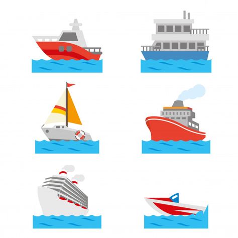 Boat and Ship Vehicle Water Transportation Vector Premium Vector Water Vehicles, Baby Activity, Flashcards For Kids, Children Book, Book Illustrations, Graphic Editing, Children's Book Illustration, Infant Activities, Displaying Collections