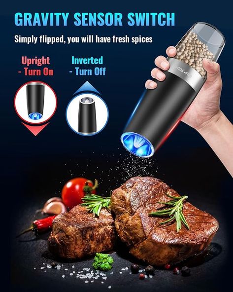 【Automatic Operation】Our Electric Pepper and Salt Grinder with Gravity sensor switch, you even needn’t to press a button, Simply flipped the grinder and you will have fresh ground spices, Convenient and funny. Battery powered, each grinder requires 6 AAA batteries, batteries not included.
【Adjustable Grinder】 Many grinding levels for your choice allows you to grinder your spices from coarse to fine. Electric Pepper and Salt Grinder use a high-quality ceramic rotor. Electric Pepper Grinder, Spice Grinders, Salt Grinder, Grinder Accessories, Mini Blender, Spice Up Your Life, Fresh Spices, Pepper Salt, Salt And Pepper Grinders