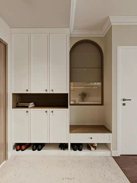 Shoe Cabinet Built In, Cabinet Classic, Shoes Cabinet, Hallway Cabinet, Classic Doors, Foyer Design, Home Entrance Decor, Hallway Furniture, Rack Design