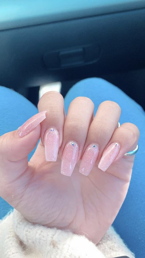 Pink And White Sparkly Nails, Milky Pink Nails With Glitter, Pink Sparkling Nails, Baby Pink Sparkly Nails, Baby Pink Sparkle Nails, Sparkly Pink Acrylic Nails, Baby Pink Nails With Glitter, Pink Nails With Sparkle, Pink Nails Sparkle