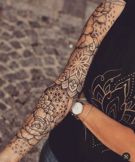 Womens Boho Sleeve Tattoo, Cute Boho Tattoos, Sugar Skull Sleeve Tattoos For Women, Geometric Sleeve Tattoo Women, Mandala Arm Sleeve, Mandala Sleeve Tattoo Women, Lower Arm Sleeve Tattoo Women, Boho Sleeve Tattoo, Ornamental Tattoo Sleeve