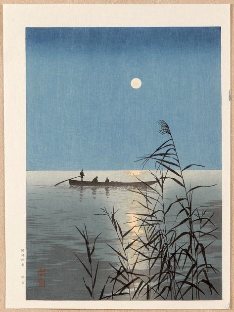 Moonlit Sea. Woodcut print by Koho Shoda 1871?-1946?. Japanese Art Prints, Japon Illustration, Woodcuts Prints, Japanese Woodblock, Landscape Art Painting, 수채화 그림, Watercolor Landscape Paintings, Japanese Woodblock Printing, Nature Art Painting