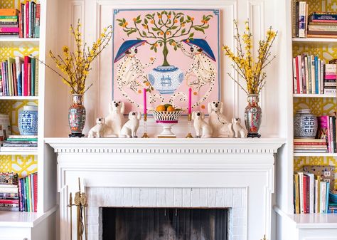 the pink clutch ...: 8 Ways To Celebrate Spring In Your Home Chinoiserie Mantle, Pink Mantle, Fancy Fireplace, Mantel Inspiration, Stone Fireplace Decor, Bright Color Decor, Mantelpiece Decor, Palm Beach Style, Chinoiserie Decorating