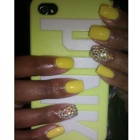 Yellow Nails with Rhinestones Yellow Nails With Rhinestones, Neon Yellow Birthday Nails, Neon Yellow Nails With Rhinestones, Tan And Neon Yellow Nails, Luminous Yellow Nails, Neon Yellow Nails, Santa Nails, Weak Nails, Uv Gel Nail Polish