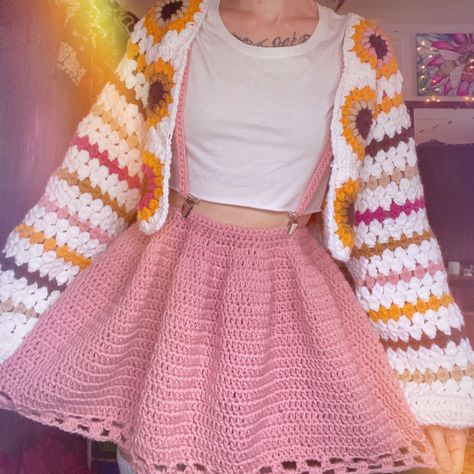 Crochet Skirt Overalls, Pastel Crochet, Kawaii Crochet Dress, Crochet Fairycore Outfit, Cottagecore Crochet Sweaters & Cardigans, Kidcore Crochet Skirt, Fancy Dress Patterns, Crochet Set Pattern, Crochet Store