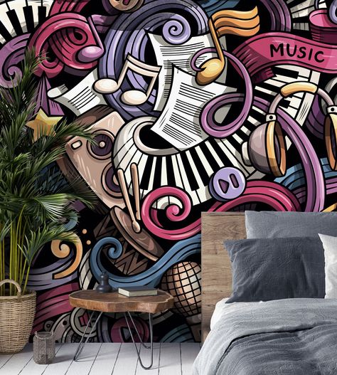 Instrument Illustration, Wall Painting Ideas Creative, Instrument Wall, Illustration Music, Illustration Wallpaper, Girl Bedrooms, Wallpaper Roller, Colorful Murals, Wall Murals Painted