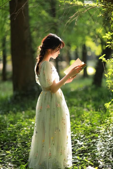 In The Woods, Green Dress, A Woman, Reading, Green