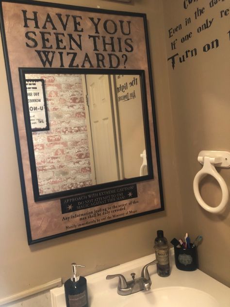 I’m so exciited about the mirror in our guest bathroom. I think it turned out great. Harry Potter Themed Basement, Harry Potter Bathrooms, Harry Potter Half Bathroom, Hufflepuff Bathroom, Harry Potter Toilet Ideas, Harry Potter Theme Bathroom, Harry Potter Themed Bathroom, Harry Potter Living Room Ideas, Harry Potter Toilet