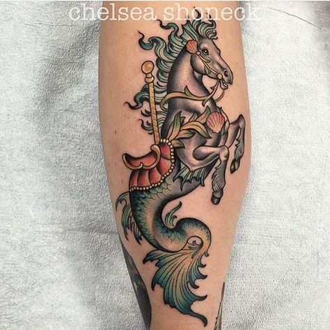 Seahorse Tattoo by Chelsea Shoneck SeahorseTattoo SeahorseTattoos Seahorse HorseTattoos HorseTattoos Traditonal SeaCreature OceanTattoos ChelseaShoneck Horse Conch Shell Tattoo, Seahorse Tattoo Design, Carousel Horse Tattoos, Seahorse Tattoos, Seahorse Tattoo, Seahorse Art, Tattoo Filler, Unicorn Tattoos, Unicorn Mermaid