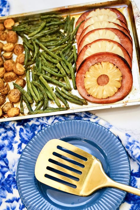 Ham & pineapple sheet pan dinner - Drizzle Me Skinny! Pan Green Beans, Ham Dinner Recipes, Ham Steak Recipes, Ham Pineapple, Ham And Pineapple, Sheet Pan Meals, Ham Steak, Ham Dinner, Ham Steaks