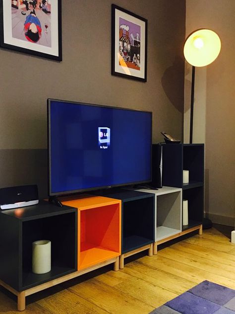 20 Practical Wall Ideas With Ikea EKET Cabinet | Home Design And Interior Ikea Eket Tv Stand, Eket Shelves, Eket Tv, Tv Cabinet Ikea, Ikea Tv Console, Eket Ikea, Eket Cabinet, Kallax Ideas, Spain Living